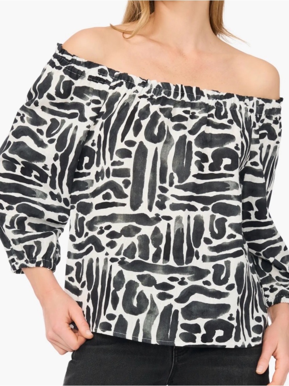 VINCE CAMUTO OFF THE SHOULDER TOP PUFF SLEEVE PRINTED BLACK/WHITE/GRAY SZ LARGE
